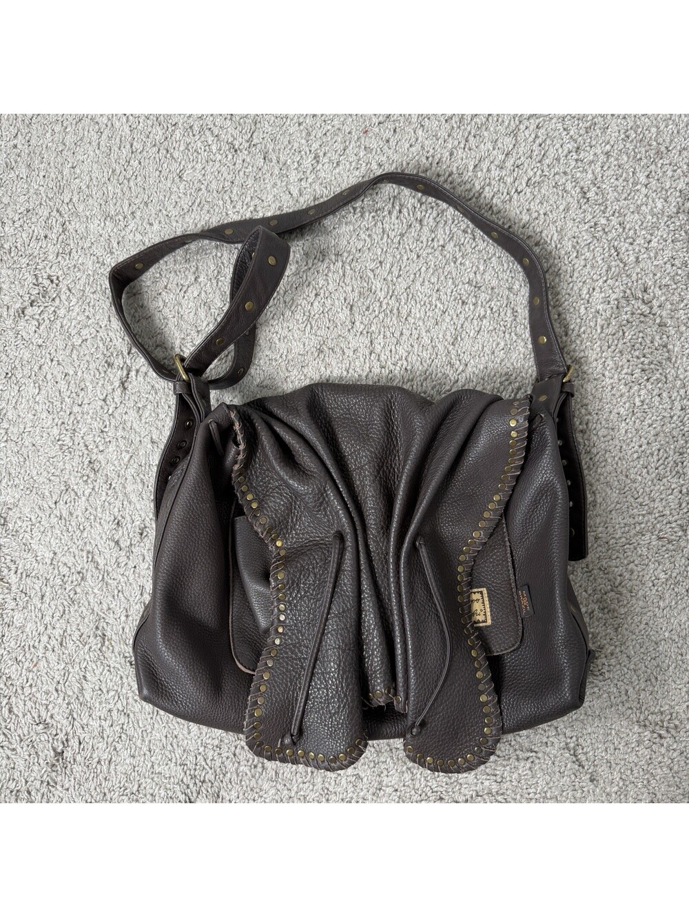 Carlos Falchi Brown Leather Cinch Foldover Purse Handbag Studded Boho Brazil